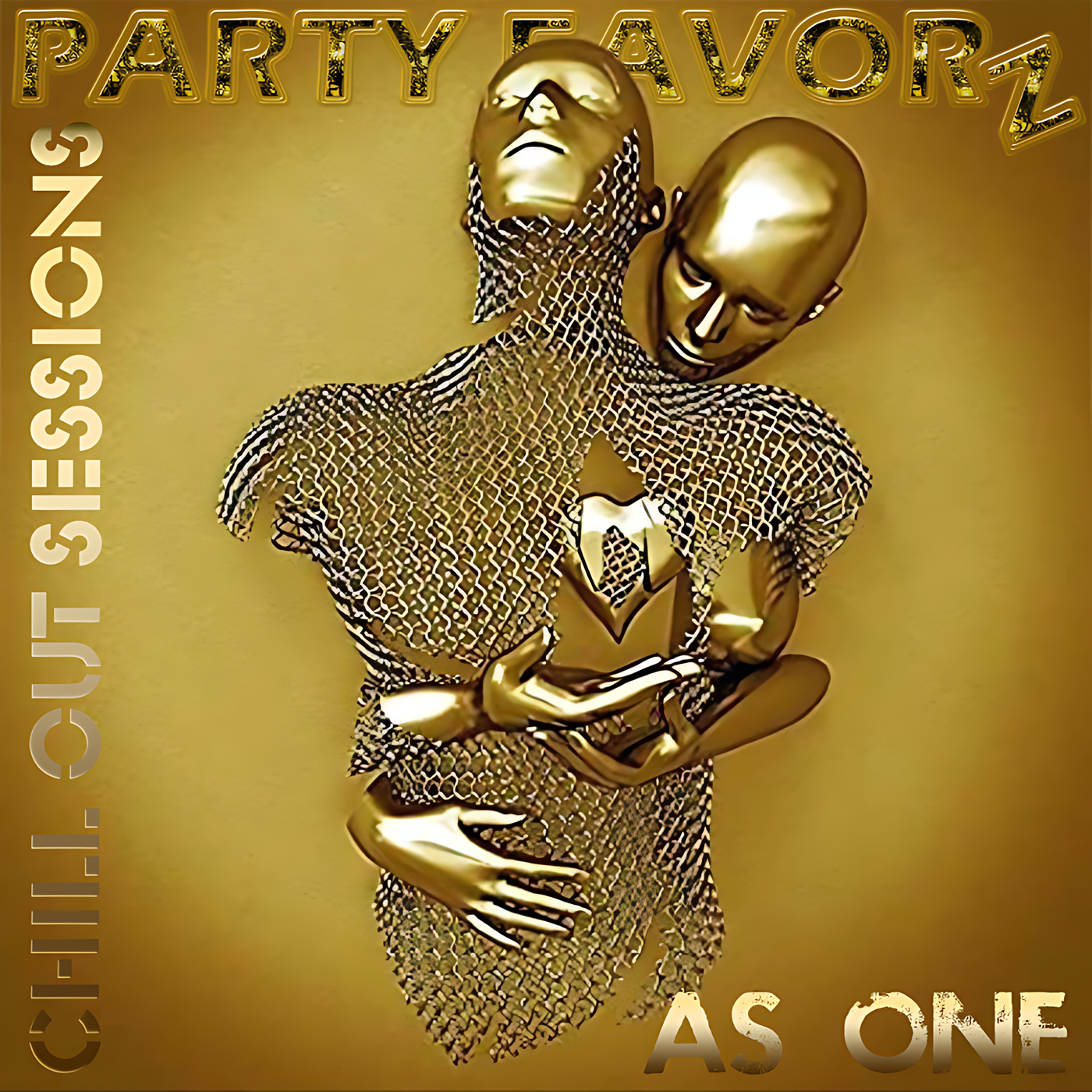 Two robot men hugging imeshed in gold