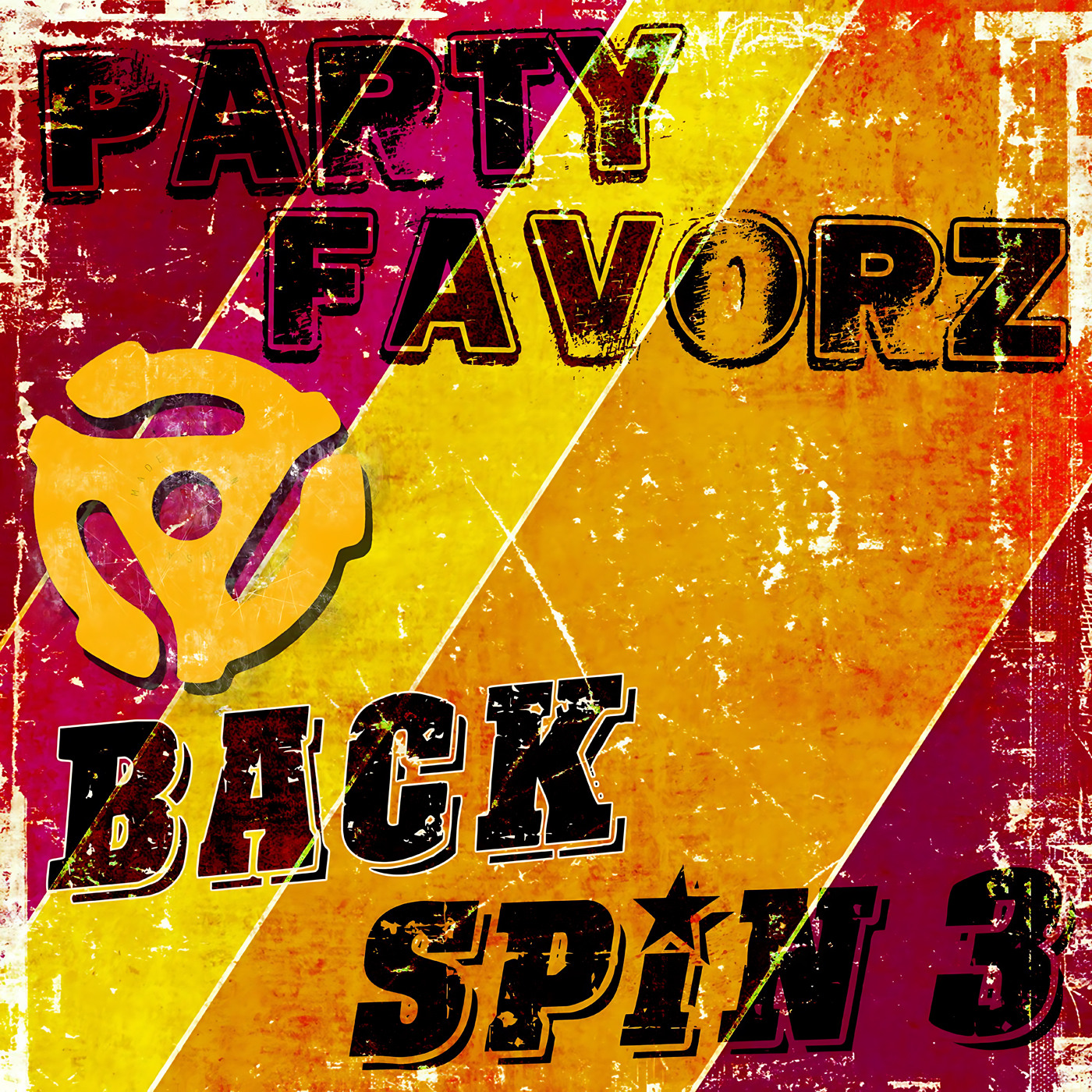 Large distressed graphic with diagonal yellow and magenta stripes, bold worn black text reading PARTY FAVORZ and BACK SPIN over a textured orange background, a yellow three-prong vinyl adapter icon at left, high-contrast grunge composition; artwork for Party Favorz episode Electro House Classics: Back Spin Vol. 3 (2013).