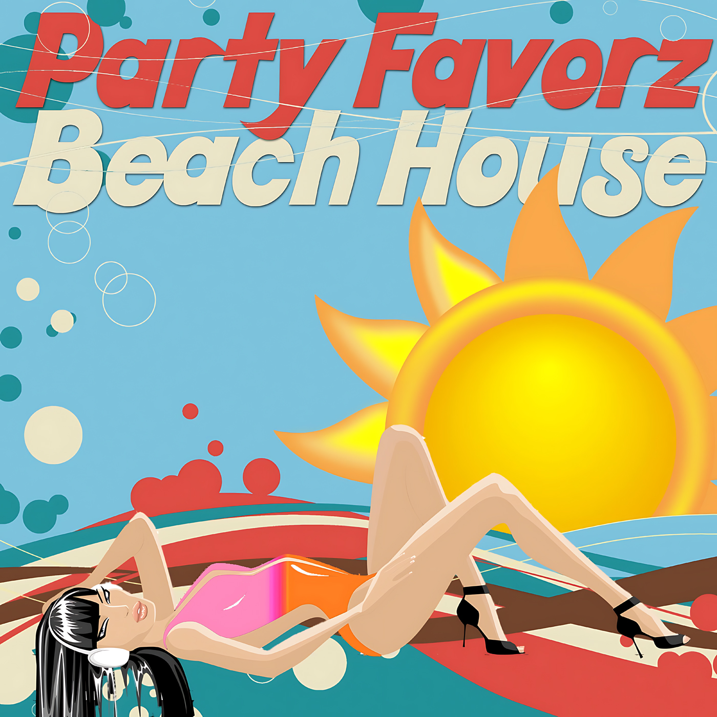 A stylized retro illustration shows a woman in a pink-and-orange swimsuit reclining with headphones and black heels on colorful beach towels beneath a large yellow sun against a turquoise sky with bubbles and bold Party Favorz Beach House text, artwork for the Party Favorz episode Funky House: Beach House 2012, Disco & NuDisco Mix.