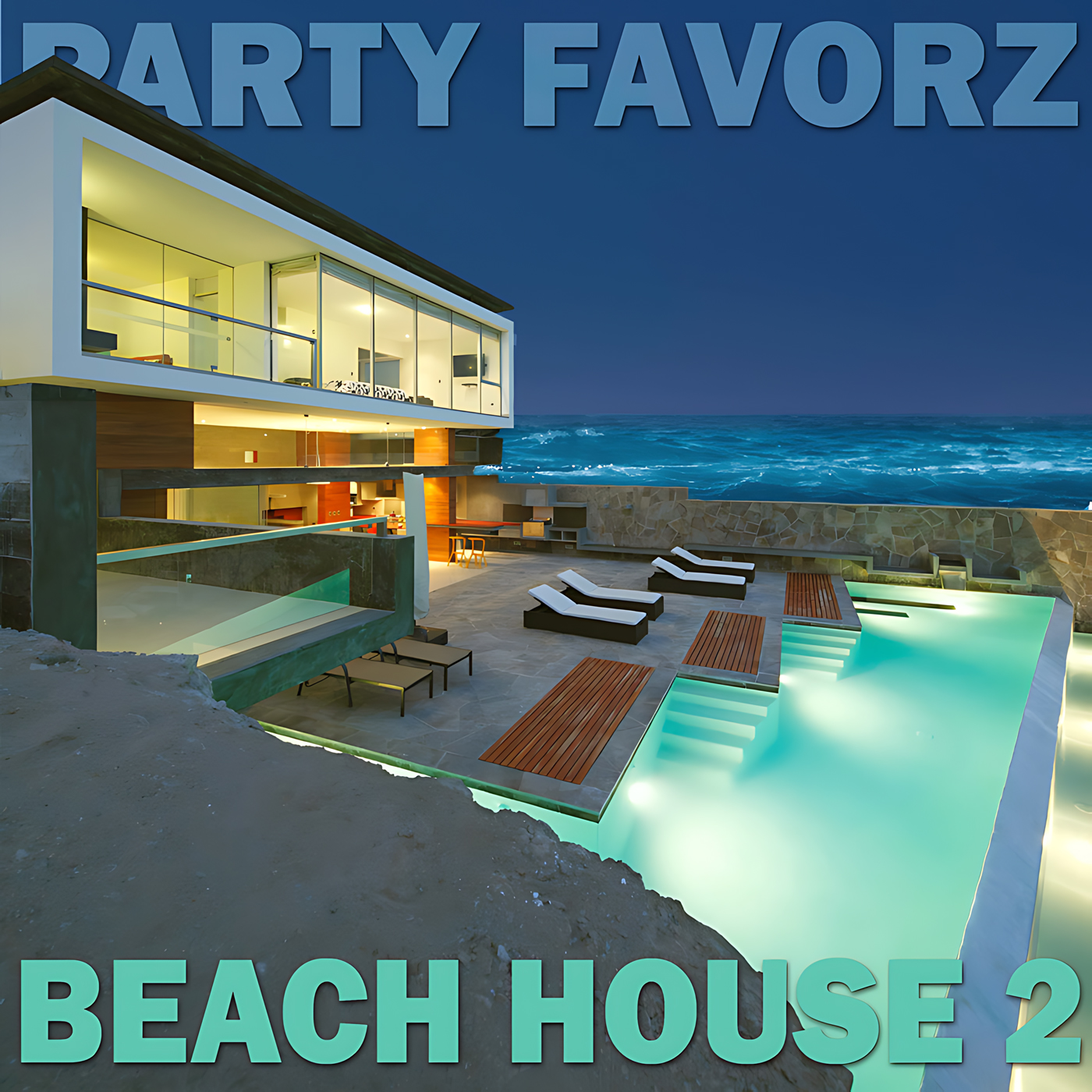 A modern two-story beachfront house at dusk with floor-to-ceiling glass windows and warm interior lights, a glowing turquoise infinity pool and several white lounge chairs on a stone terrace overlooking a dark blue ocean, with large teal text across the top and bottom as artwork for the Party Favorz episode “Funky House Mix: Beach House 2015 Volume.