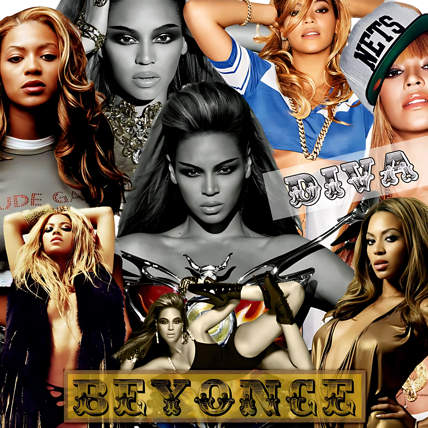 A dense collage of multiple portraits of the same light-skinned woman in different poses—center grayscale close-up, glam studio shots, sporty blue top and a cap, and reclining figure—gold and blue accents with decorative lettering including the word “BEYONCE,” artwork for the Party Favorz episode “Diva Hall of Fame: Beyoncé 3.0 (2017) Circuit/House.