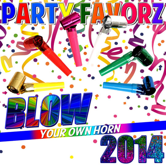 Bright, high-contrast artwork shows a circular arrangement of colorful party blowers and scattered confetti and streamers against a white background, large rainbow-gradient text reading PARTY FAVORZ at top and the word BLOW and glittery 2014 below, artwork for the Party Favorz episode 'EDM Blow Your Own Horn 2014: Ultimate New Year's Dance Mix'.