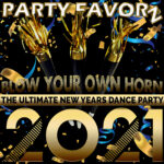 Blow Your Own Horn 2021 | The Ultimate New Year's Dance Party Three black party horns with gold metallic tassels rise from a black background scattered with blue and gold confetti and ribbons, framed by bold gold text reading PARTY FAVORZ, BLOW YOUR OWN HORN and a large 2021; artwork for the Party Favorz episode Club Fusion: Blow Your Own Horn 2021 New Year Dance Mix.