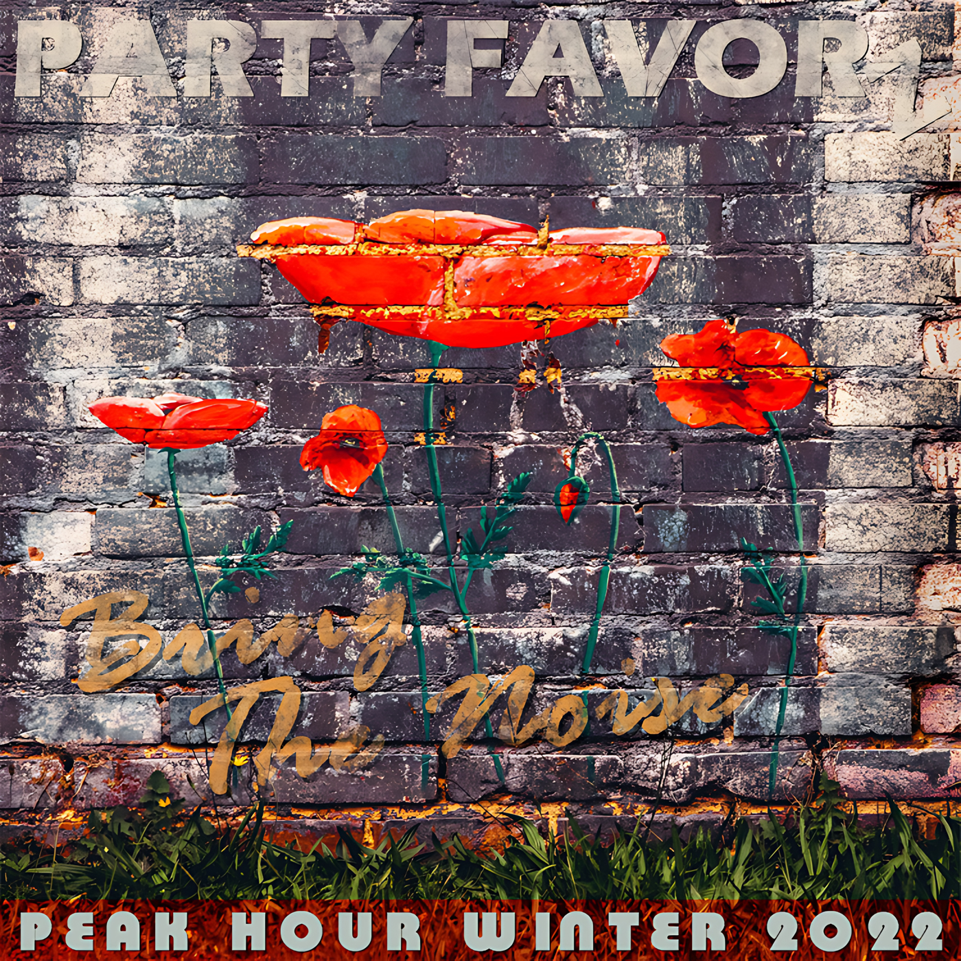 Grunge brick wall with painted faded flowers