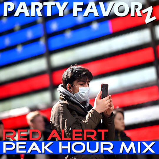 A masked person in a brown jacket holds a smartphone and earphones against blurred horizontal red, white and blue LED stripes, with large PARTY FAVORZ text at top and bold RED ALERT and PEAK HOUR MIX banners below, for the Party Favorz episode Tech House Peak Hour Mix 2020: Red Alert (After Hours Selections).