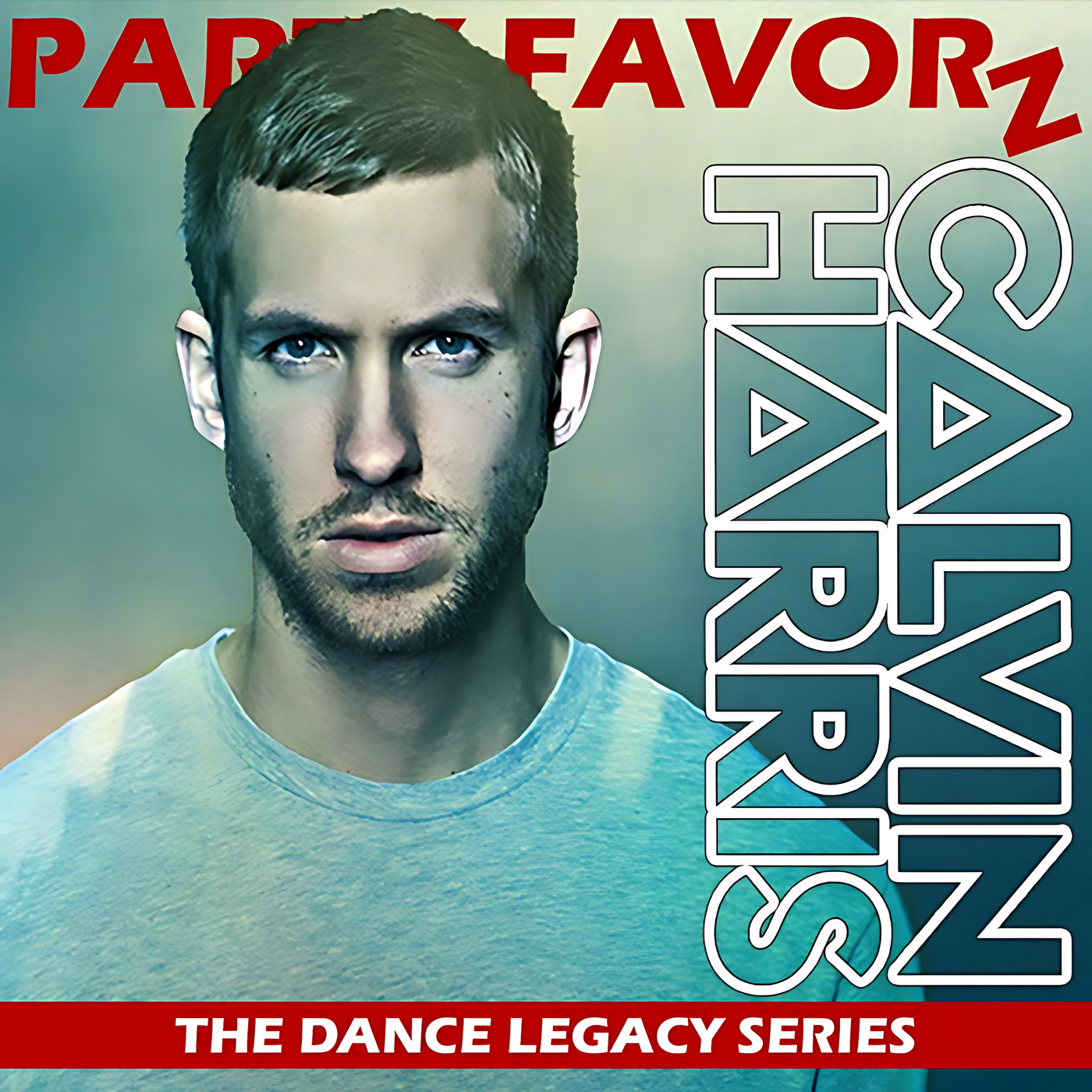 Close-up portrait of a young man with short hair, light stubble and a neutral gaze wearing a teal shirt against a soft green-blue gradient, large outlined vertical text reading CALVIN HARRIS on the right, red PARTY FAVORZ at the top and a red banner reading THE DANCE LEGACY SERIES, artwork for the Party Favorz episode “EDM & House Legacy Tribute: C.