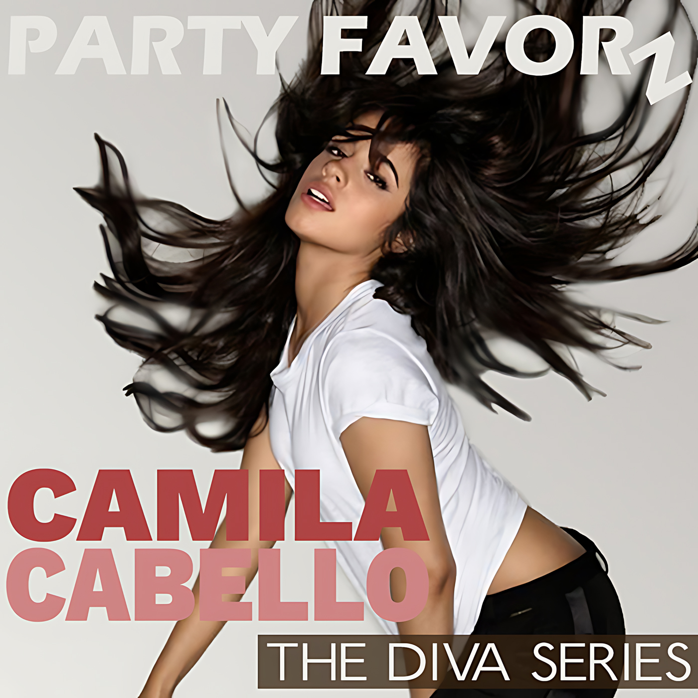 A stylized photo shows a young woman in a white t-shirt and black pants flipping long dark hair outward against a plain light background, large pale lettering reading PARTY FAVORZ at the top and bold red text partially covering the lower body; artwork for the Party Favorz episode “Dance Diva Hall of Fame: Camila Cabello 2020 Mix.”.