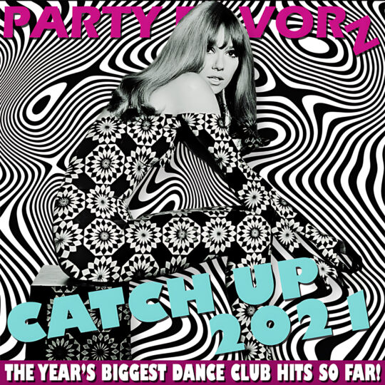 A black-and-white retro photo of a seated woman in a floral geometric patterned dress and long hair posed against a swirling black-and-white op art background, with bold magenta.