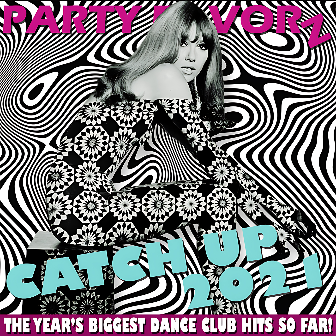 A black-and-white retro photo of a seated woman in a floral geometric patterned dress and long hair posed against a swirling black-and-white op art background, with bold magenta.