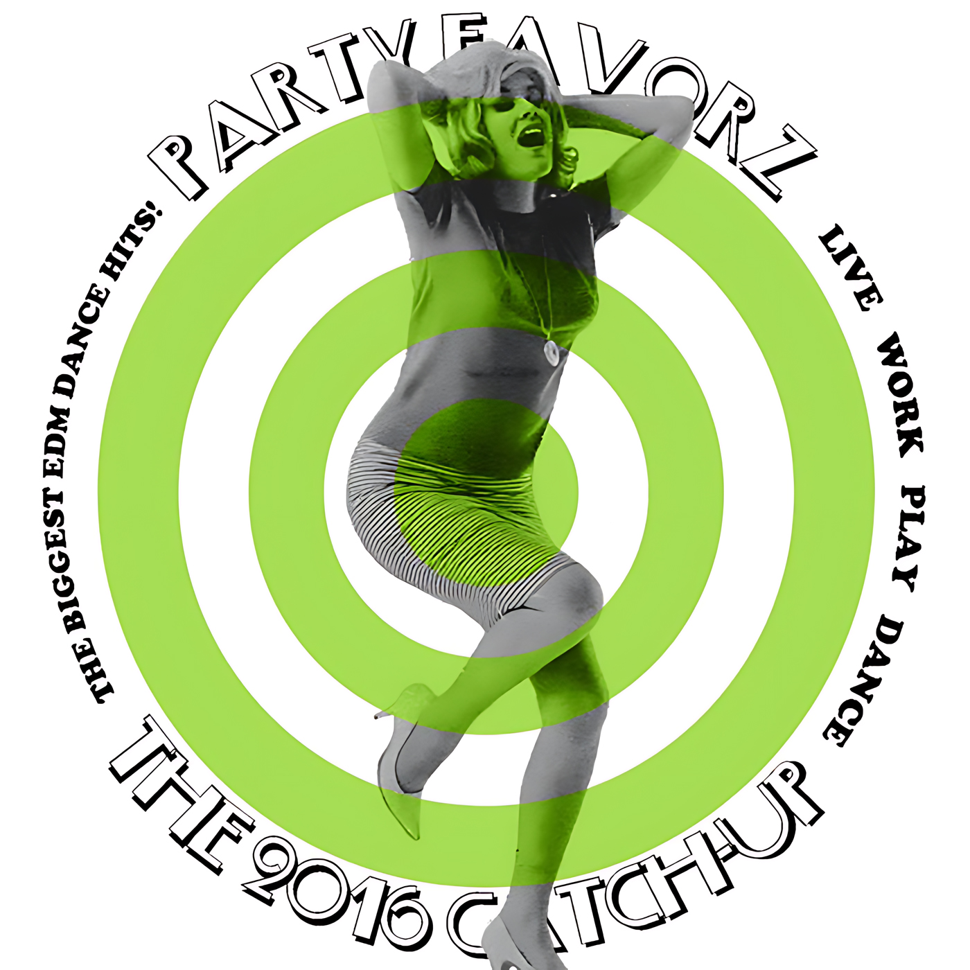A black-and-white photo of a woman mid-jump with hands behind her head and a striped skirt is overlaid by bright chartreuse concentric rings and bold arched text around the edge on a white background, artwork for the Party Favorz episode 'EDM Catch-Up 2016: Biggest Dance Hits of the Year So Far'.
