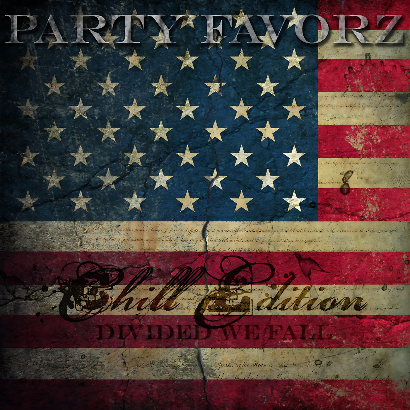 A heavily weathered American flag with cracked, stained blue field and faded red-and-cream stripes, large metallic "PARTY FAVORZ" lettering across the top, ornate black script reading "Chill Edition" and faint block text "Divided We Fall" near the bottom, all rendered as artwork for the Party Favorz episode Chill Out 2012: Divided We Fall (Chill Ed.