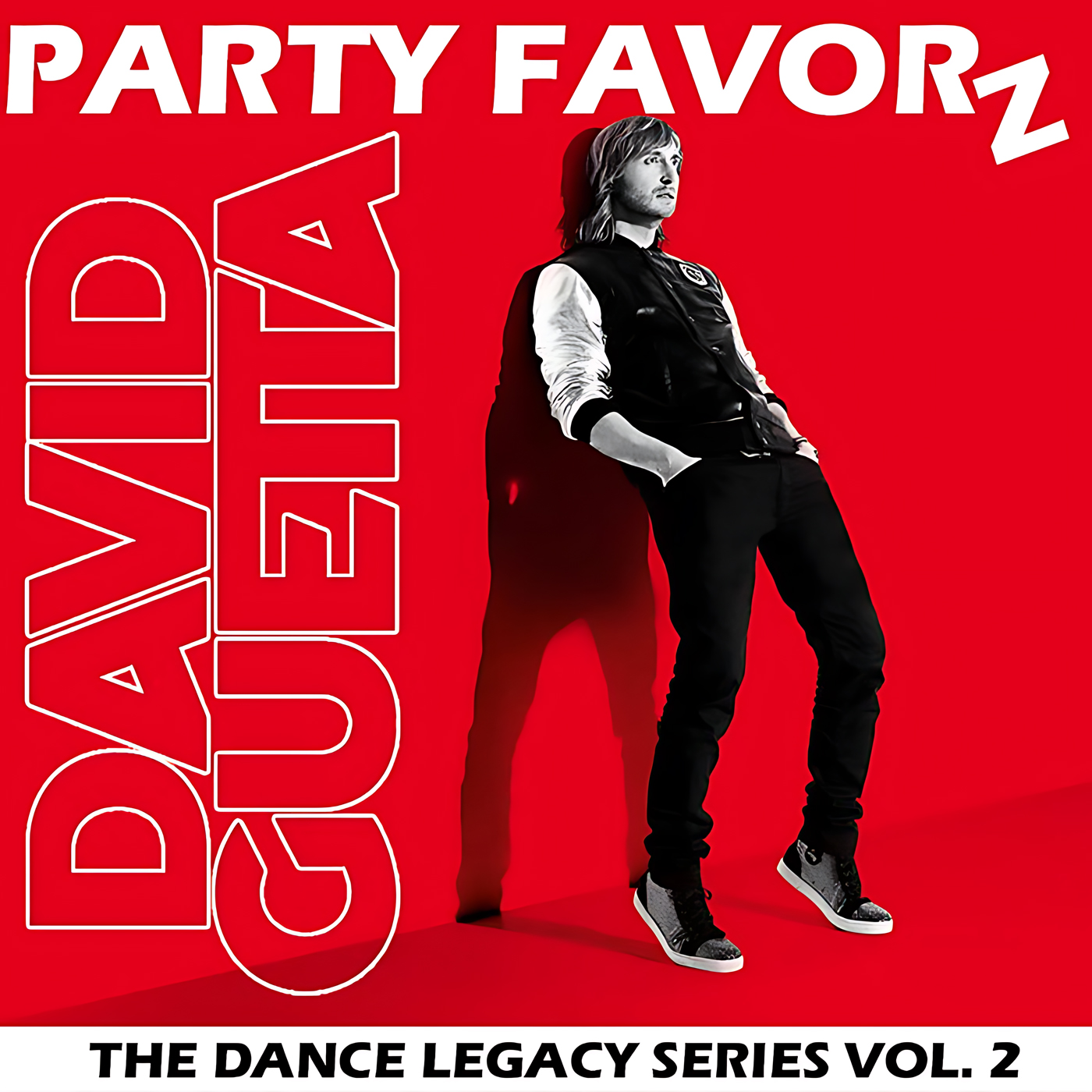 A black-and-white stylized full-body photo of a long-haired man in a varsity jacket and sneakers leaning back with hands in pockets against a vivid red background, oversized white outlined vertical text reading “DAVID GUETTA” on the left, artwork for the Party Favorz episode: Dance Legacy Tribute: David Guetta Legacy Series Vol. 2 (2019).