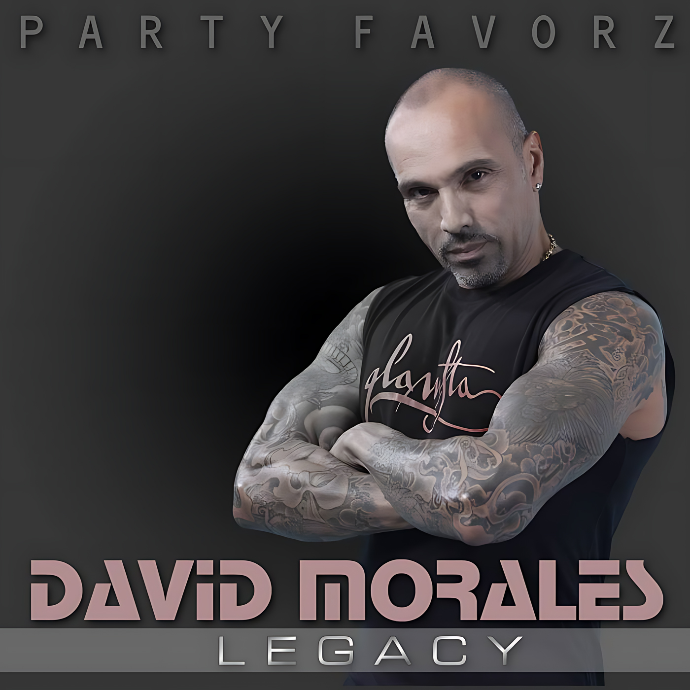 A bald, tattooed man with folded arms and a goatee faces the viewer against a dark gray gradient background, wearing a black sleeveless shirt and gold chain, with large pink metallic type reading DAVID MORALES and LEGACY below — artwork for the Party Favorz episode House Legacy: David Morales Legacy Volume 2 (2017).