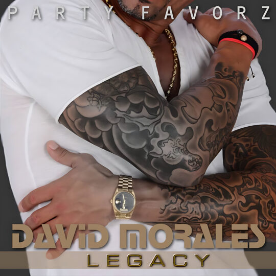 A close-up artwork shows a person in a white shirt crossing heavily tattooed forearms over their chest with a gold chain, gold watch and bracelets visible, large metallic text reading PARTY FAVORZ at top and DAVID MORALES LEGACY at bottom, artwork for the Party Favorz episode "House Legacy: David Morales Legacy Volume 4 (2017)".