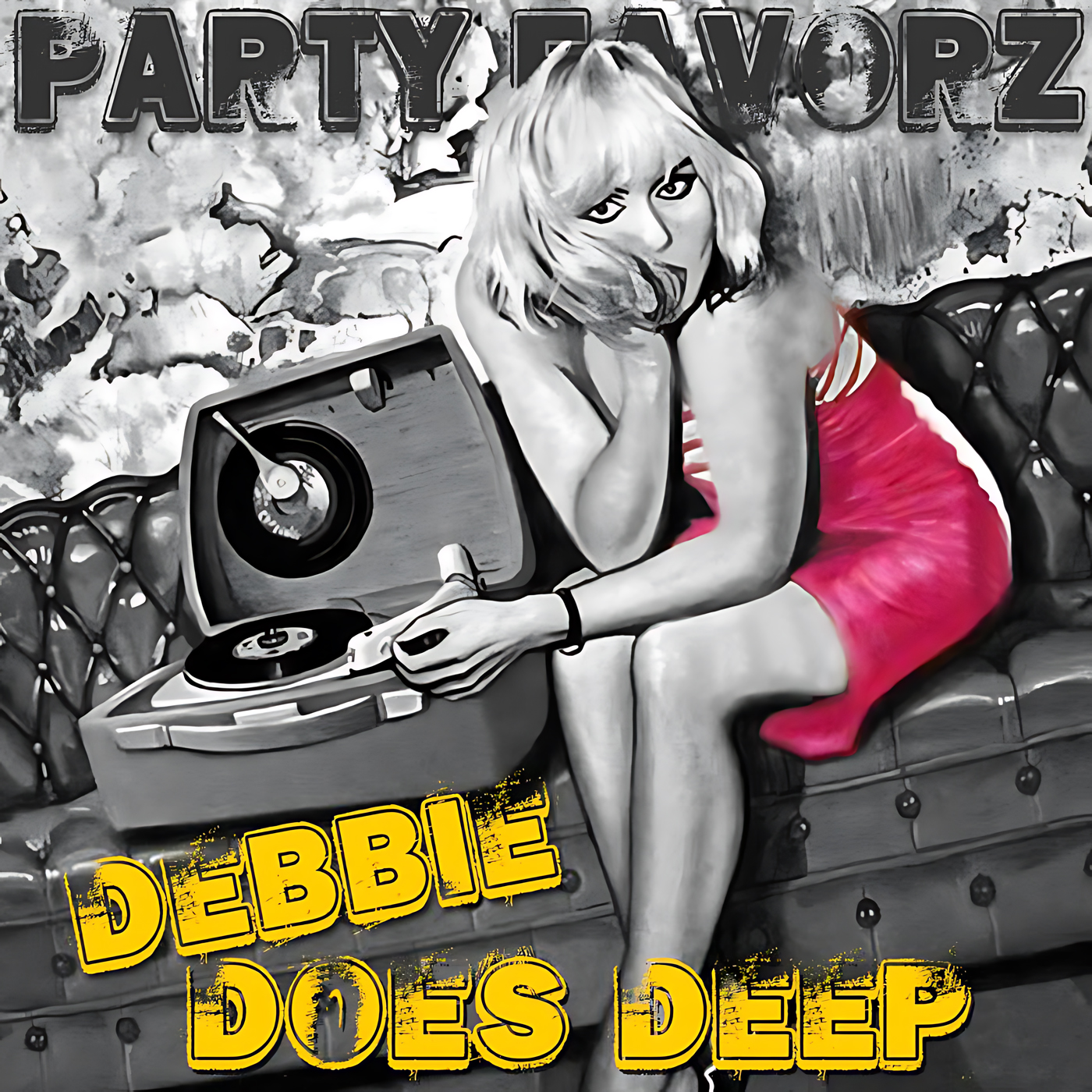 A stylized black-and-white illustration shows a short-haired woman in a bright pink dress sitting on a tufted leather sofa, leaning toward an open vintage record player as she adjusts the tonearm, with distressed header text and bold yellow title, artwork for the Party Favorz episode Peak Hour Tech House: Debbie Does Deep (2017).