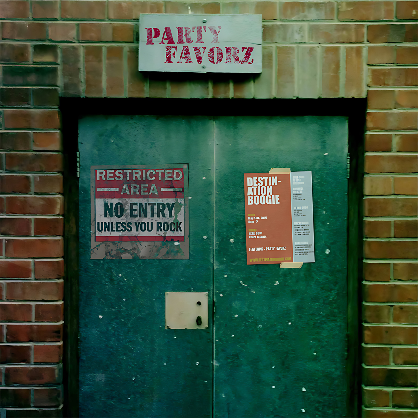 A worn green metal double door framed by red bricks bears a small white sign stenciled PARTY FAVORZ above, a weathered 'Restricted Area — No Entry Unless You Rock' poster left and a taped orange 'Destination Boogie' flyer right, artwork for the Party Favorz episode Funky House 2016: Destination Boogie, Disco Soul House Cuts.