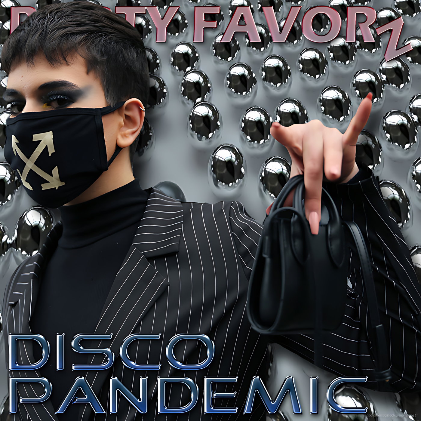 A close-up portrait of a person with short dark hair, dramatic smoky eye makeup and a black face mask printed with crossed gold arrows, wearing a pinstripe blazer and holding a small black handbag against a mirrored metallic-sphere backdrop, artwork for the Party Favorz episode 'Funky House Mix: Disco Pandemic 2020: NuDisco & Jackin House'.
