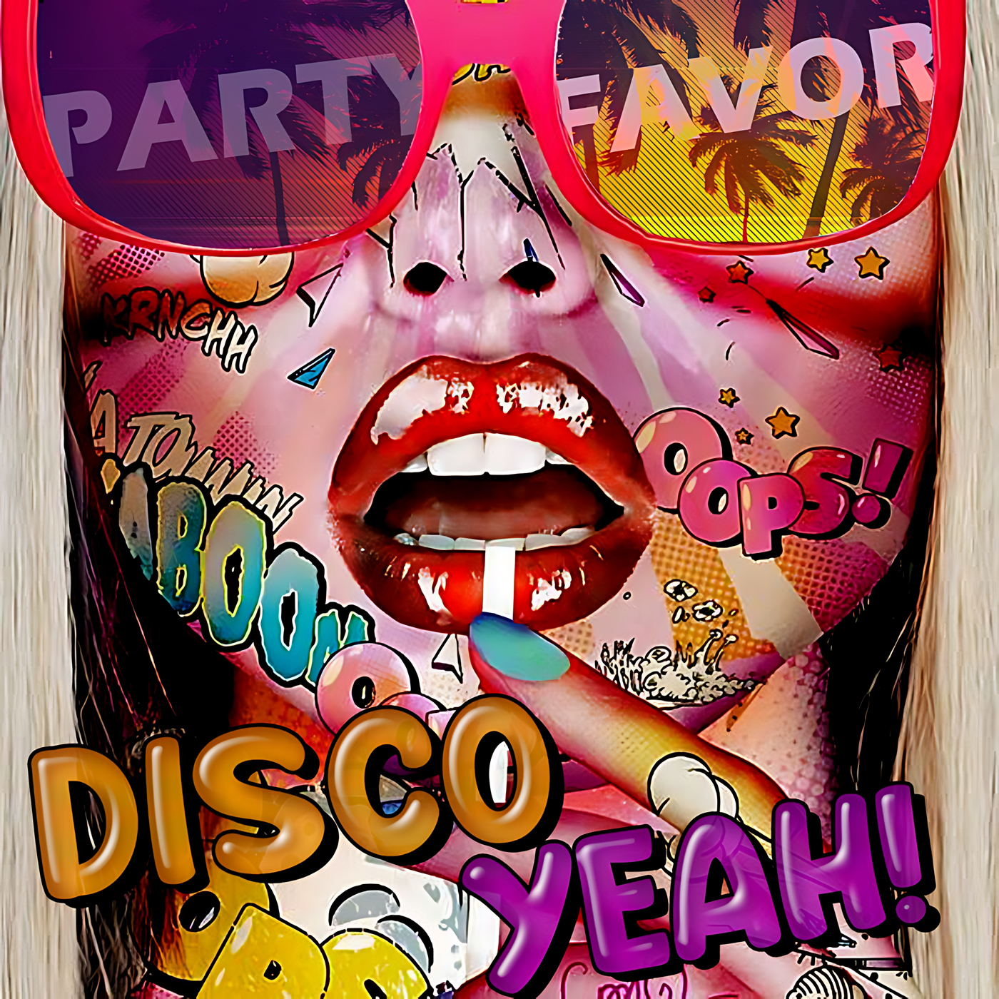 Close-up pop-art portrait of a woman's lower face wearing oversized pink sunglasses reflecting palm trees and the words PARTY FAVOR, comic-book stickers across vivid pink, purple and yellow tones, glossy red lips holding a white tablet between finger and teeth; artwork for the Party Favorz episode Disco House: Disco Yeah! (2020) Summer Close-Out Mi.