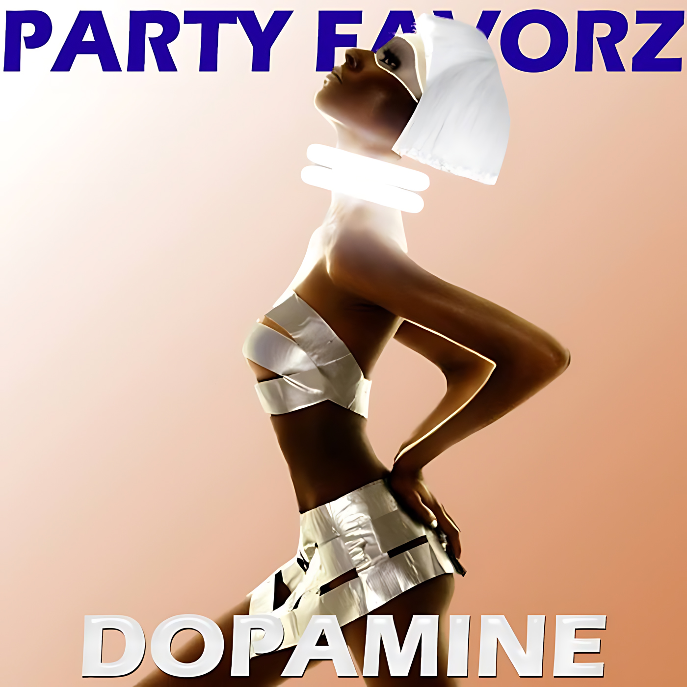 Stylized profile of a person with hands on hips and head tilted back, wrapped in silver bands and a short white bob, on a peach gradient background with purple 'PARTY FAVORZ' at top and large 'DOPAMINE' text — artwork for the Party Favorz episode 'Tech House Peak Hour: Dopamine (2018) Funky House Mix'.