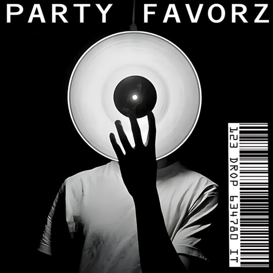 A silhouetted person in a white T-shirt holds a large circular lamp to their face, creating a centered white halo against a black background, with bold PARTY FAVORZ text above and a barcode at right, artwork for the Party Favorz episode 'Peak Hour: Drop It!: Tech House & Techno (2018).