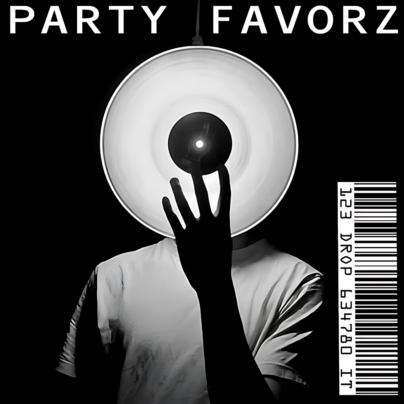 A silhouetted person in a white T-shirt holds a large circular lamp to their face, creating a centered white halo against a black background, with bold PARTY FAVORZ text above and a barcode at right, artwork for the Party Favorz episode 'Peak Hour: Drop It!: Tech House & Techno (2018).