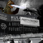 A black-and-white collage shows a giant reptilian creature on the left breathing a pale beam toward a levitating vintage car amid lightning, with a large billboard reading “PARTY FAVORZ EDM Sessions 9-2KXIV,” a Parental Advisory sticker, rooftop signage and silhouetted hats in the foreground, artwork for the Party Favorz episode EDM Sessions 9-2KXI.