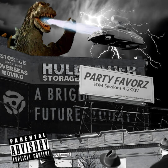A black-and-white collage shows a giant reptilian creature on the left breathing a pale beam toward a levitating vintage car amid lightning, with a large billboard reading “PARTY FAVORZ EDM Sessions 9-2KXIV,” a Parental Advisory sticker, rooftop signage and silhouetted hats in the foreground, artwork for the Party Favorz episode EDM Sessions 9-2KXI.