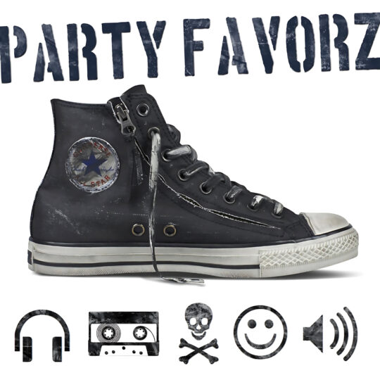 A large, worn black high-top sneaker with scuffed white rubber sole, loose lace and faded circular star patch sits centered beneath distressed navy stenciled text reading "PARTYFAVORZ," with a row of grungy icons below; artwork for the Party Favorz episode "EDM Sessions April 2013: Big Room & Progressive Mix".