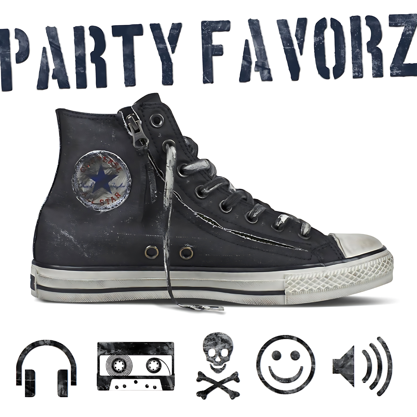 A large, worn black high-top sneaker with scuffed white rubber sole, loose lace and faded circular star patch sits centered beneath distressed navy stenciled text reading "PARTYFAVORZ," with a row of grungy icons below; artwork for the Party Favorz episode "EDM Sessions April 2013: Big Room & Progressive Mix".