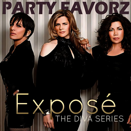 Three women posed waist-up in glossy black outfits—center figure faces forward with a hand on the shoulder of the woman at right while the left figure turns slightly to the side—set against vertical silver panels with large purple and gold text; artwork for the Party Favorz episode "Freestyle Diva Hall of Fame: Exposé (2018) Tribute Mix.