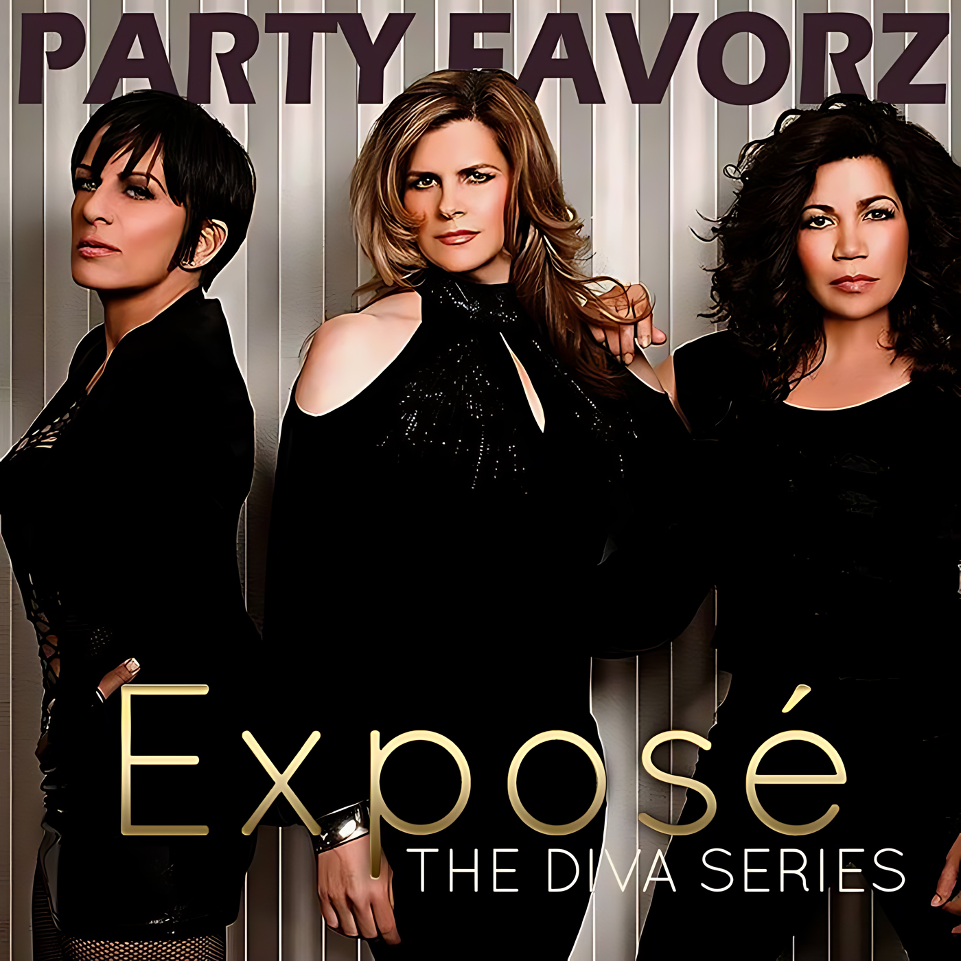 Three women posed waist-up in glossy black outfits—center figure faces forward with a hand on the shoulder of the woman at right while the left figure turns slightly to the side—set against vertical silver panels with large purple and gold text; artwork for the Party Favorz episode "Freestyle Diva Hall of Fame: Exposé (2018) Tribute Mix.
