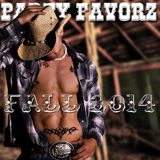 A shirtless man tilts a straw cowboy hat over his face while wearing an open plaid shirt, shell necklace, chest and lower-abdomen tattoos and a large decorative belt buckle, set against blurred wooden beams with bold “PARTY FAVORZ” at top and stylized “FALL 2014” text, artwork for the Party Favorz episode “Circuit & Anthems: Fall Edition 2K14 DJ Mi.