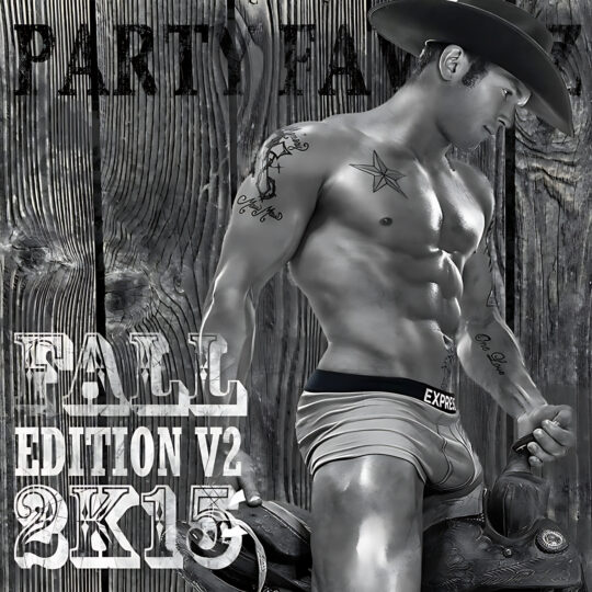 A grayscale high-contrast illustration shows a shirtless man wearing a cowboy hat and brief trunks leaning against weathered wooden boards, revealing star and script tattoos and holding a boot, placed beside large rustic text — artwork for the Party Favorz episode 'Circuit & Anthems Fall Edition 2K15 pt. 2: Biggest Circuit Beats'.