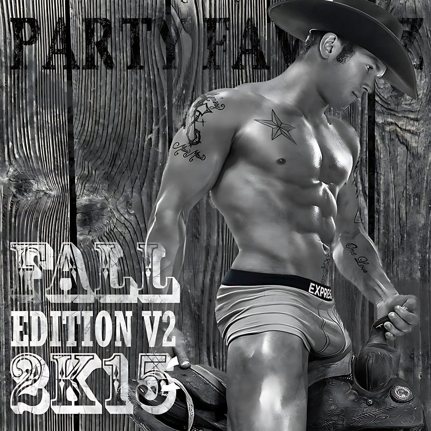A grayscale high-contrast illustration shows a shirtless man wearing a cowboy hat and brief trunks leaning against weathered wooden boards, revealing star and script tattoos and holding a boot, placed beside large rustic text — artwork for the Party Favorz episode 'Circuit & Anthems Fall Edition 2K15 pt. 2: Biggest Circuit Beats'.