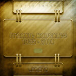 A brushed gold metal panel design shows stacked embossed plaques joined by rounded pipes and mounting rings, with raised text reading 'Frankie Knuckles 1955 - 2014' and smaller labels including 'party favorz' and 'LEGEND,' presented in warm metallic tones as artwork for the Party Favorz episode 'House Tribute 2014: Frankie Knuckles Legacy Volume 2'.