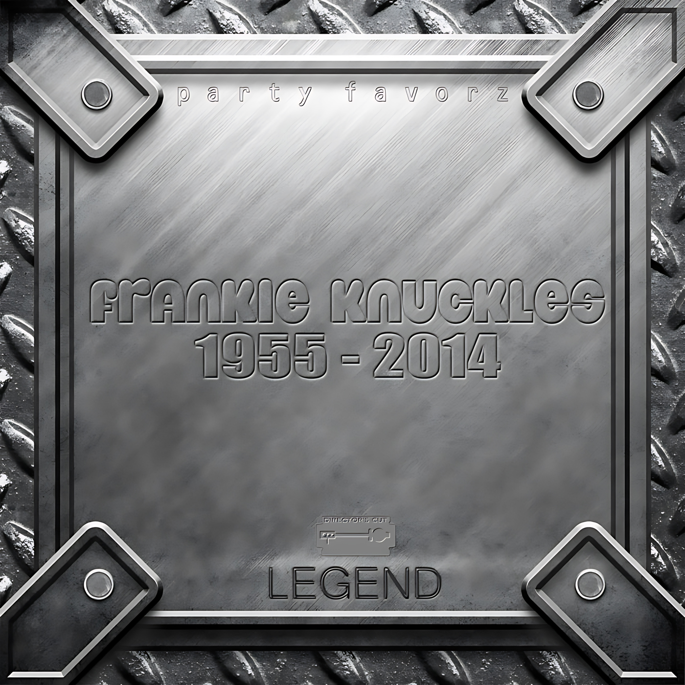 A worn silver metal plaque with reinforced corner brackets and a diamond‑plate border bears embossed text reading "FRANKIE KNUCKLES 1955 - 2014", small "party favorz" lettering at the top and the word "LEGEND" near the bottom, serving as artwork for the Party Favorz episode "House Tribute 2014: Frankie Knuckles Legacy Volume 1".