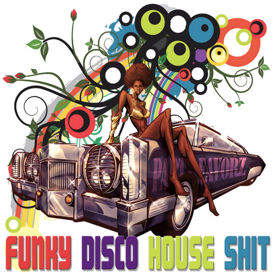 A stylized woman with an afro and gold outfit lounges on the hood of a shiny vintage car surrounded by swirling vines, roses, concentric colorful circles and rainbow stripes, with bold text below for the Party Favorz episode 'Funky House Mix 2012: Funky Disco House Shit'.