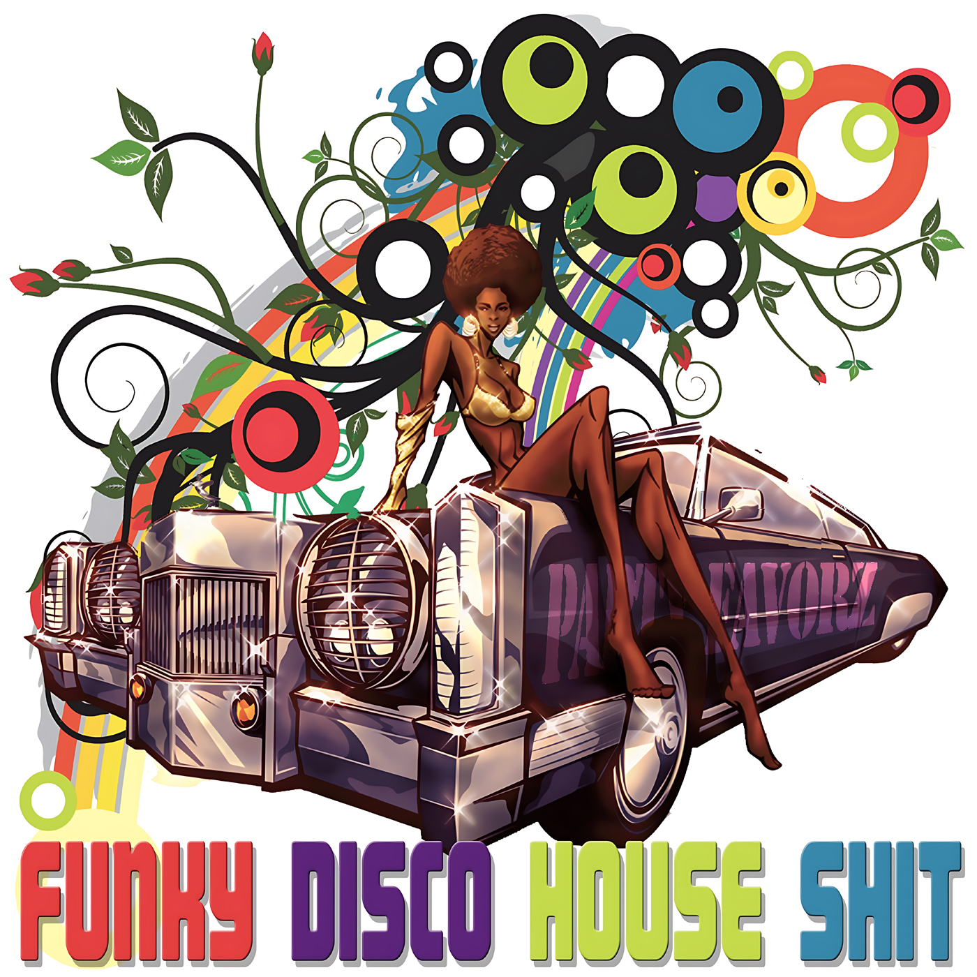 A stylized woman with an afro and gold outfit lounges on the hood of a shiny vintage car surrounded by swirling vines, roses, concentric colorful circles and rainbow stripes, with bold text below for the Party Favorz episode 'Funky House Mix 2012: Funky Disco House Shit'.