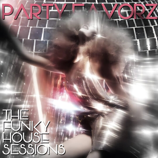 A blurred, back-arched dancer with voluminous hair wearing a reflective silver dress fills the center, surrounded by mirrored disco tiles and streaking white and pink light flares, pink block text along the top and stacked white title text at lower left — artwork for the Party Favorz episode “Funky House Sessions: Fall 2016 Funk, Disco & Soulful.”.
