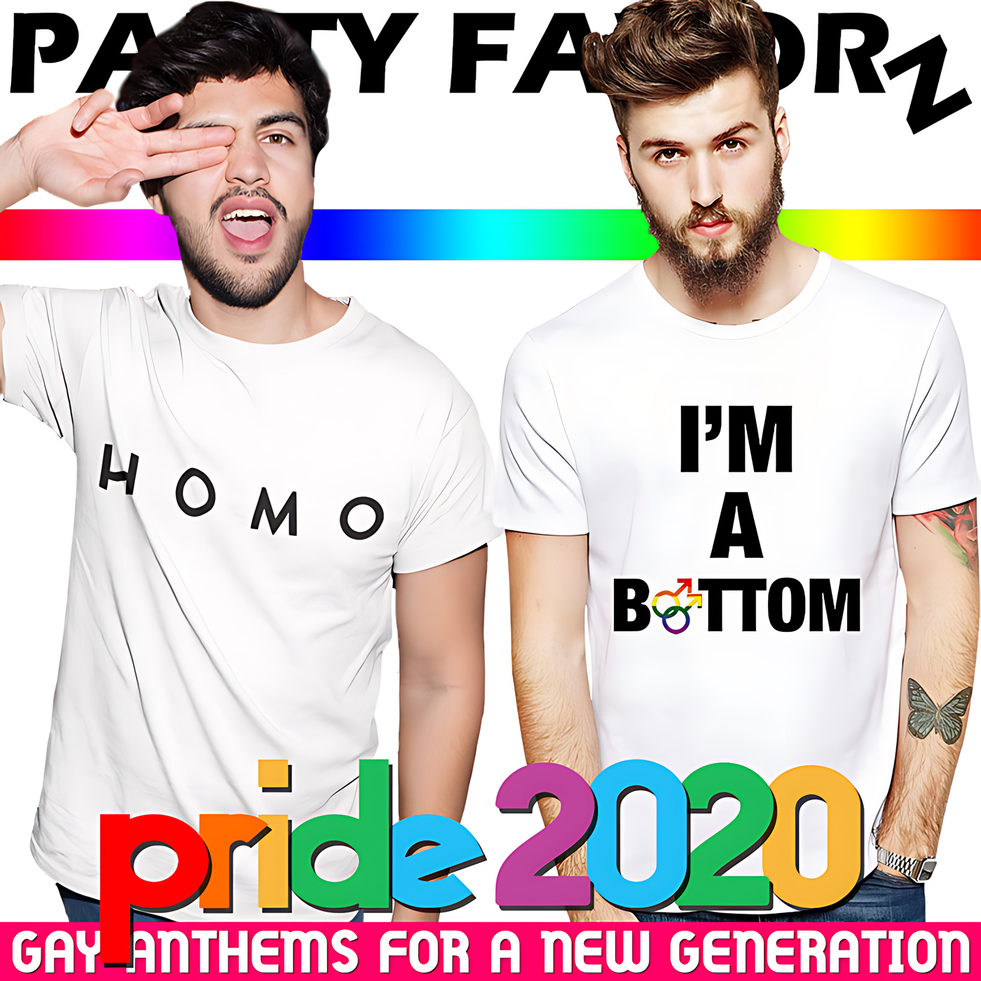 two twinks with t-shirts that read 'homo' and 'im a bottom'