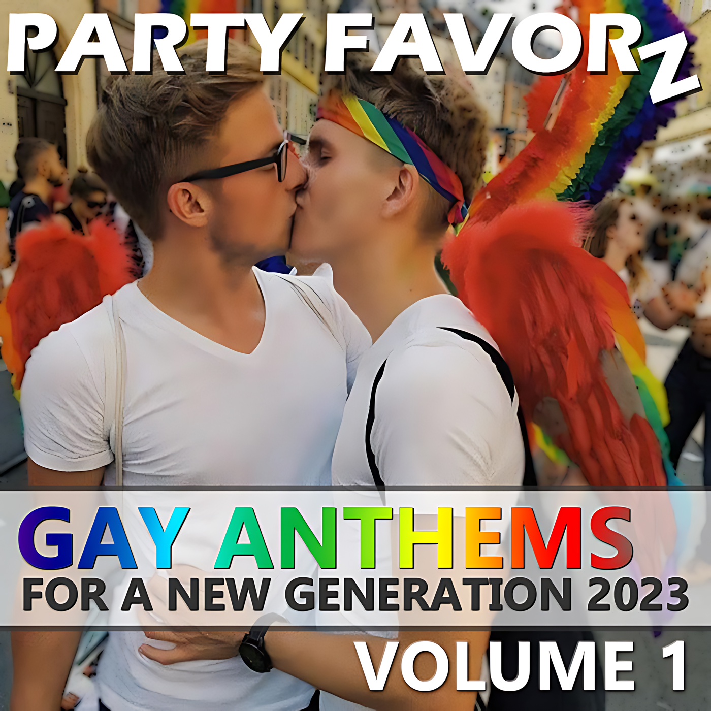 Two twinks kissing at a gay pride event for the cover of Gay Anthems for a New Generation 2023 featuring the most iconic gay pride anthems for 2023