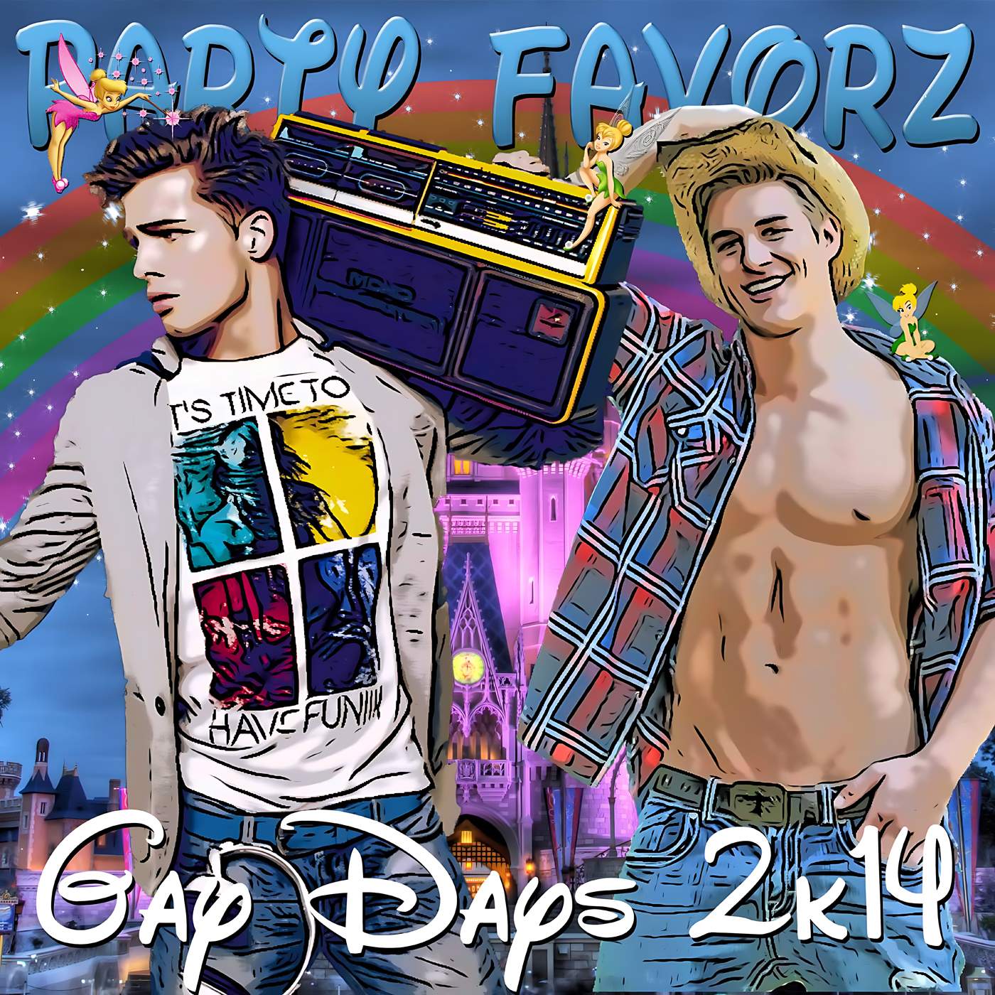 Two illustrated young men stand before a rainbow-arched sky and illuminated castle, one carrying a yellow-trimmed boombox on his shoulder while the other grins shirtless in a cowboy hat, small fairies float around blue "Party Favorz" lettering above — artwork for the Party Favorz episode "Circuit Anthems: Gay Days 2014: Memorial Day Pride Mix.