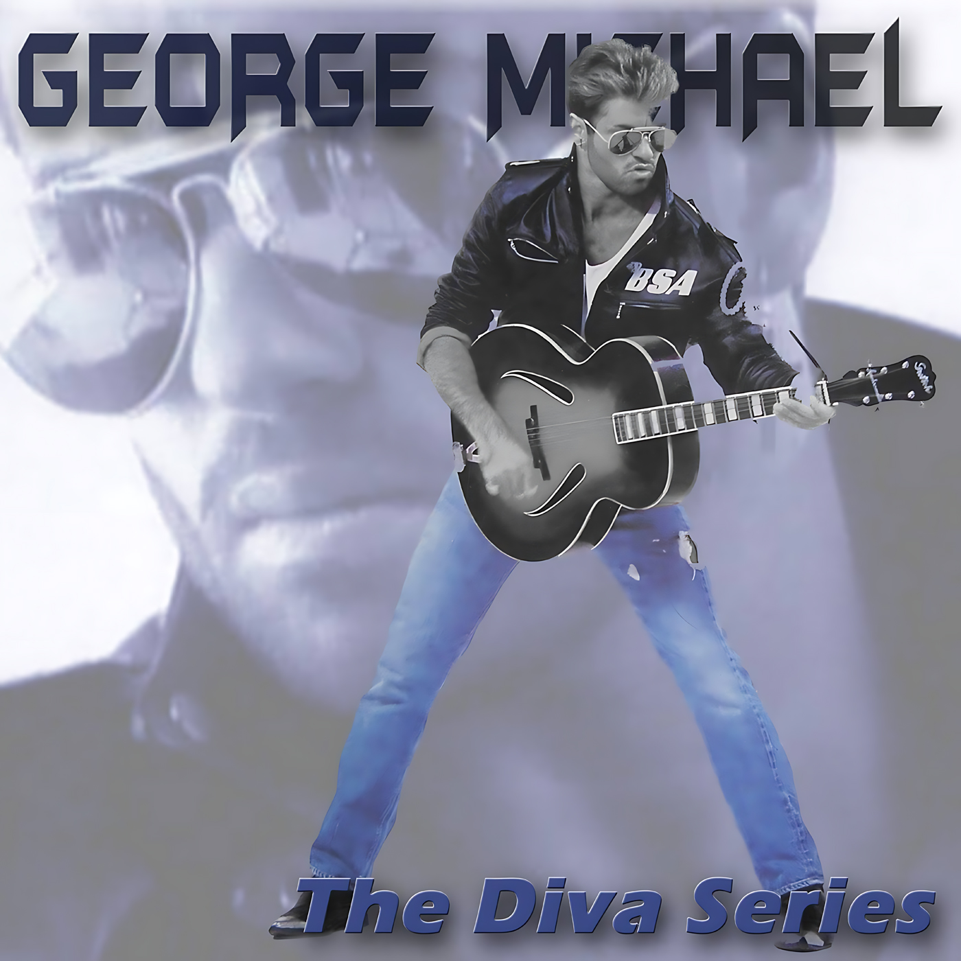 A stylized cool-toned montage shows a full-body, sunglasses-wearing male performer in a leather jacket and ripped blue jeans posing with a hollow-body guitar over a faded close-up of his face, with bold block lettering above — artwork for the Party Favorz episode 'House Tribute: George Michael Legacy Dance Mix Volume 1 (2010)'.