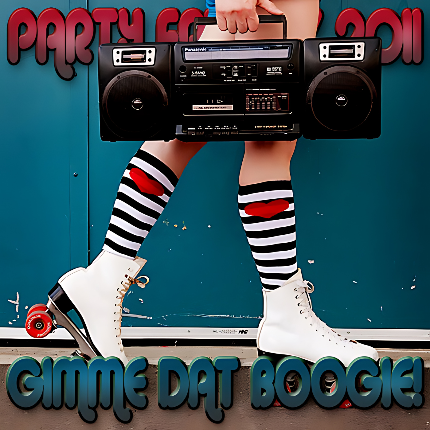 A cropped view shows a person’s legs in white roller skates and black-and-white striped knee socks with red heart patches holding a large black boombox against a teal wall with retro bubble text, artwork for Party Favorz episode "Funky House 2011: Gimme Dat Boogie!