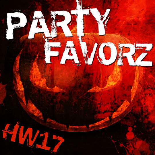 Bold, distressed white text reading “PARTY FAVORZ” dominates the top and center of the design over a grungy, fiery red-orange background that reveals a large carved-pumpkin-style circular face with glowing eyes and a toothy grin, with red stenciled “HW17” at lower left, artwork for the Party Favorz episode Club Fusion EDM Mix: HW17, Top Dance & Hou.