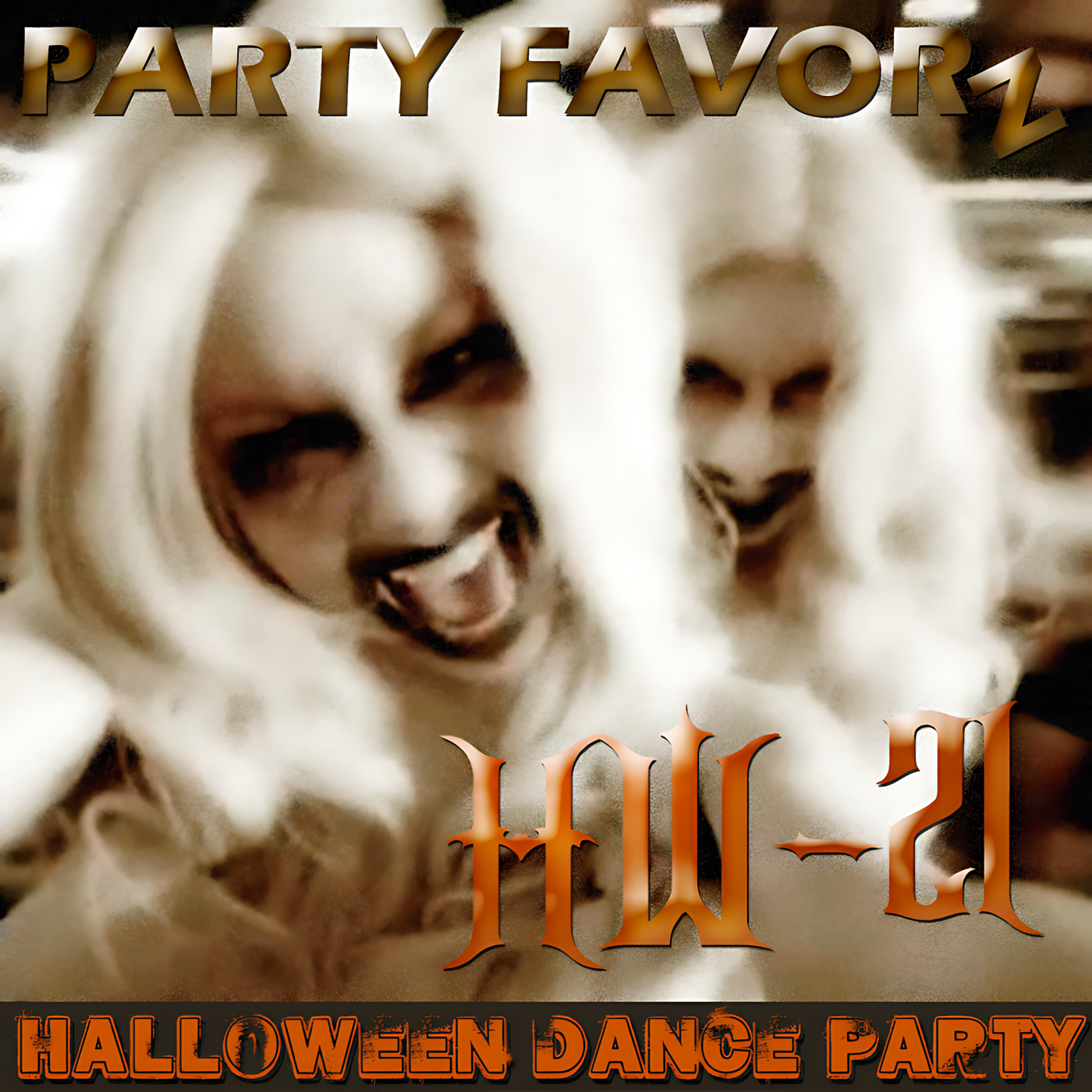 Three blurred, pale faces with long white hair and exaggerated smiles crowd the center of the frame against a warm sepia background, large metallic gold “PARTY FAVORZ” at the top and orange Gothic “HW-21” and “HALLOWEEN DANCE PARTY” text at the bottom, artwork for Party Favorz episode Dance Club Halloween Mix HW-21: 2021 Club Fusion Special.