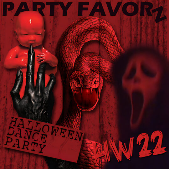 demon baby with black claw, serpent with apple in the mouth, and spooky ghost from movie Scream