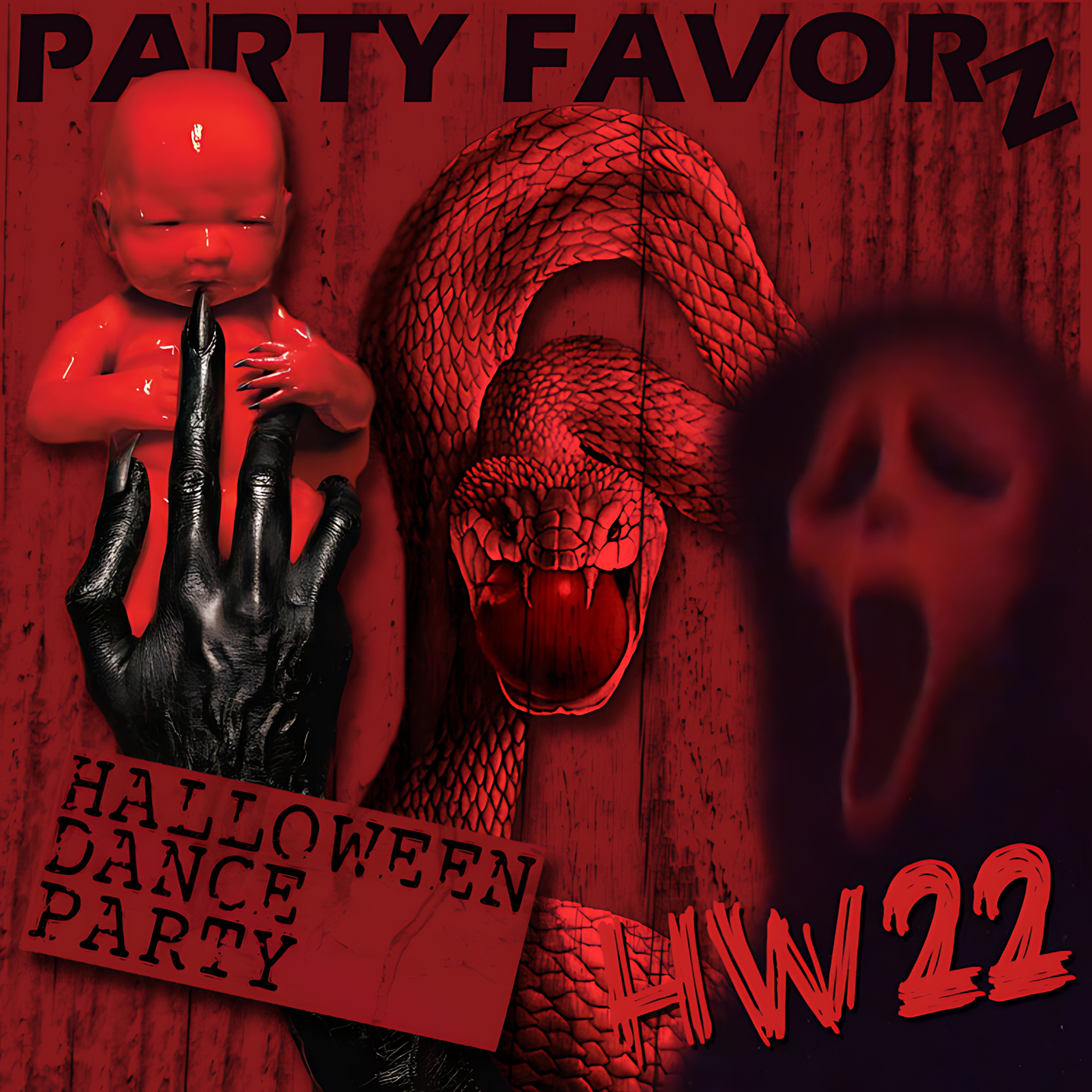 demon baby with black claw, serpent with apple in the mouth, and spooky ghost from movie Scream