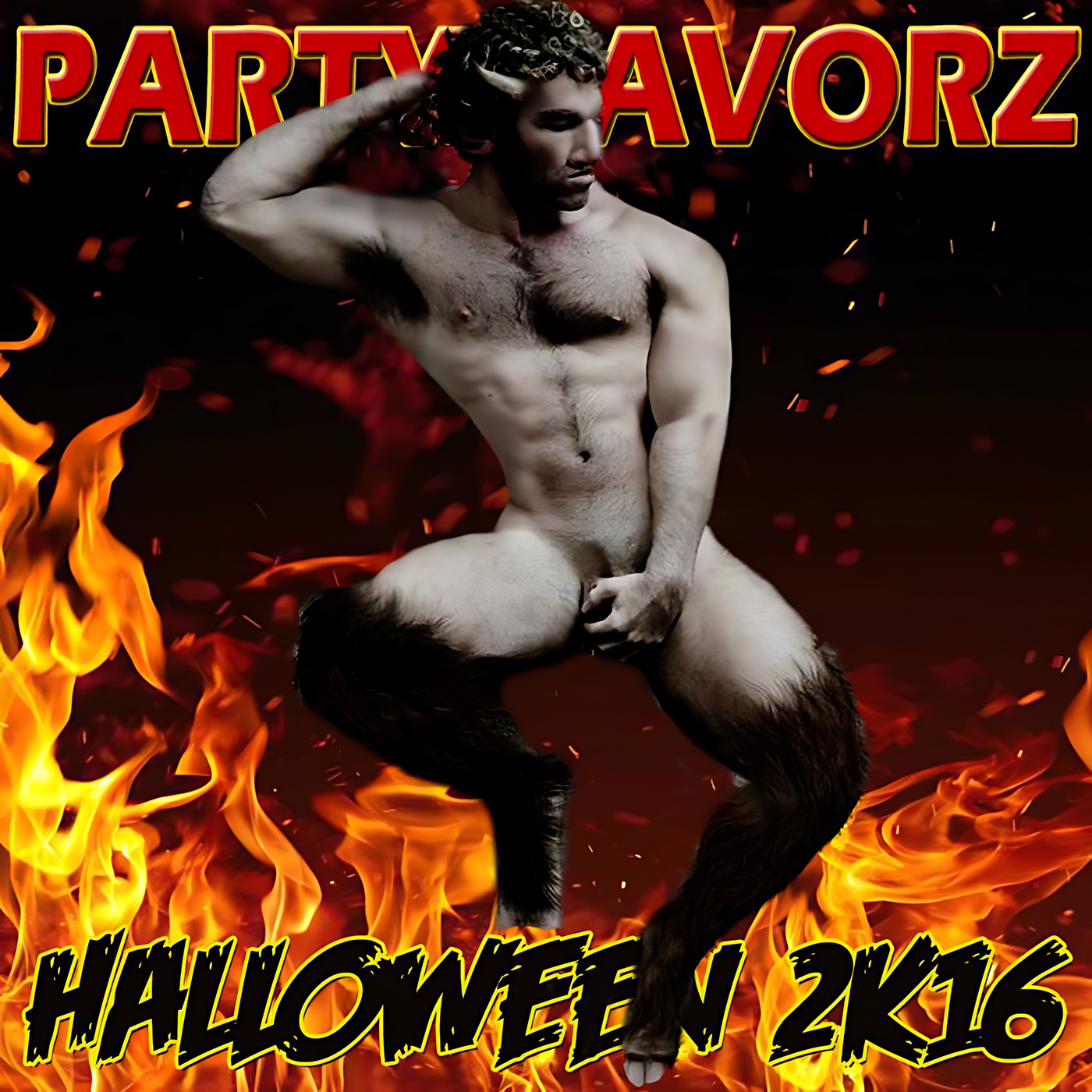 A shirtless male satyr with small horns and furry goat legs poses crouched, one arm behind his head and the other hand covering his groin, framed by roaring flames and ember sparks with large red "PARTY FAVORZ" text above and "HALLOWEEN 2K16" below, artwork for the Party Favorz episode "Circuit & Tribal: Halloween Edition 2K16 Volume 1.