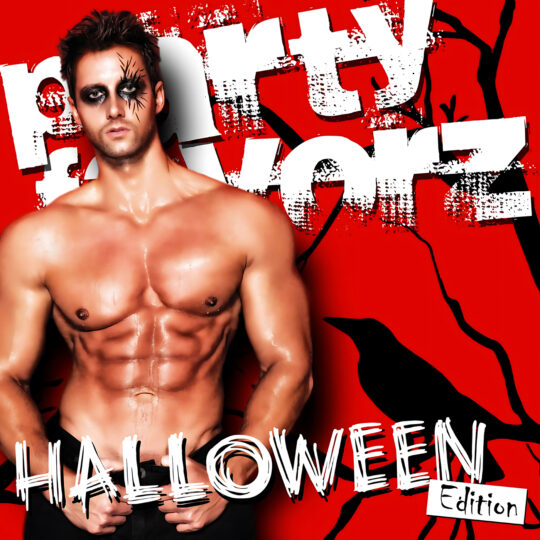 A shirtless, muscular man stands chest-forward with hands near his waistband, wearing dramatic black spiderweb-like eye makeup on one eye against a bright red background featuring large distressed white text, a black crow silhouette and bold white “HALLOWEEN” lettering, artwork for the Party Favorz episode Circuit & Anthems: Halloween Edition 2013.